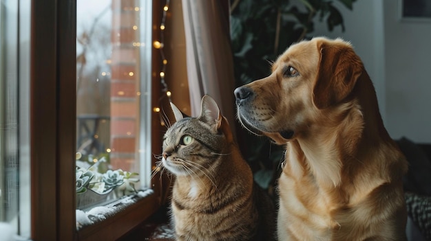 窓の外を見ている犬と猫