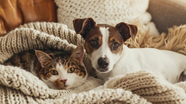 Dog and cat nestled in a chunky knit blanket