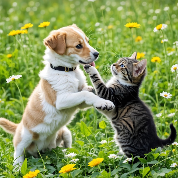 花の畑で遊んでいる犬と猫