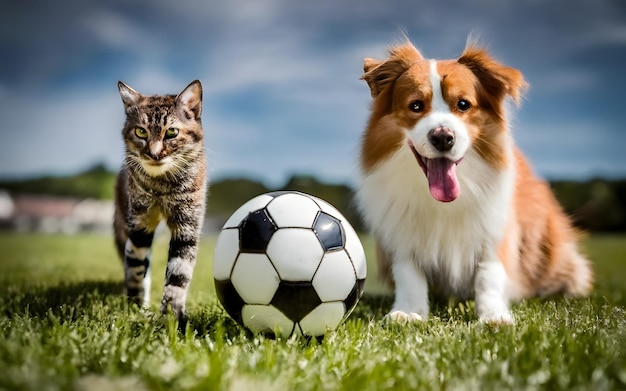 a dog and a cat playing with a soccer ball