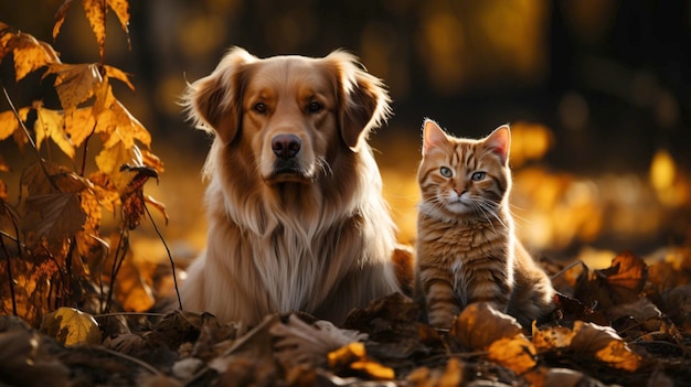 Dog and cat portrait sit together on gold yellow leaves at wild field nature landscape and animals