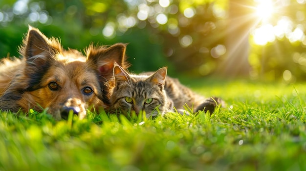 草の上で休んでいる犬と猫