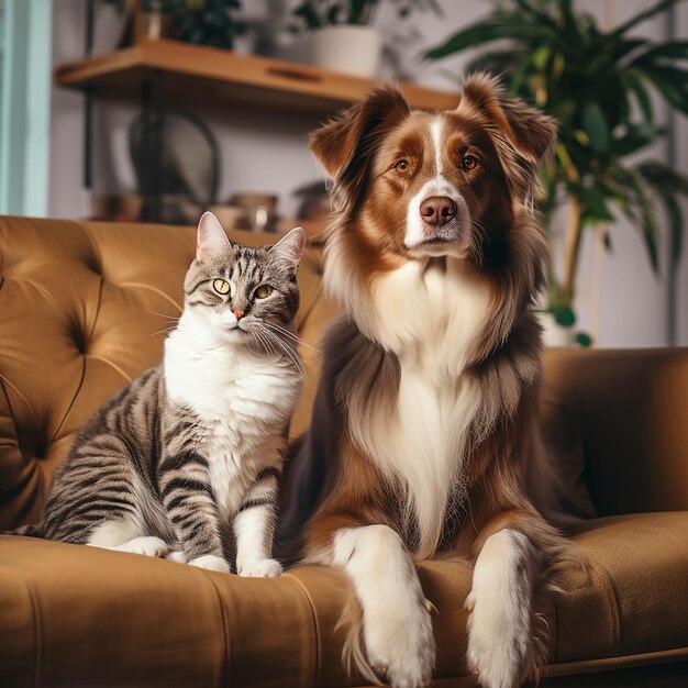 犬と猫が犬の前でソファに座っている