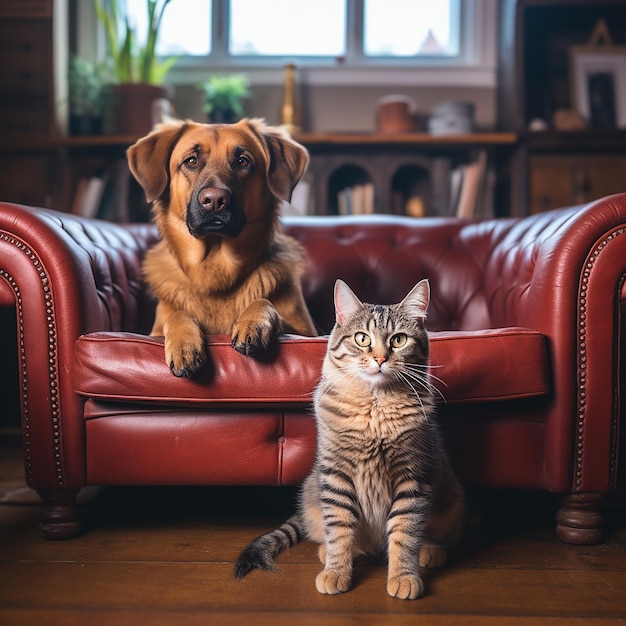 a dog and a cat sit on a couch in a living room