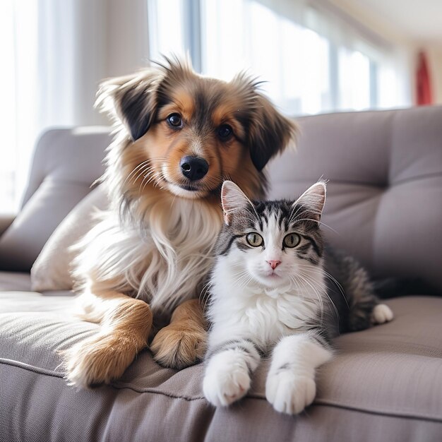 개와 고양이가 소파에 앉아 있고, 그 중 하나는 개입니다.