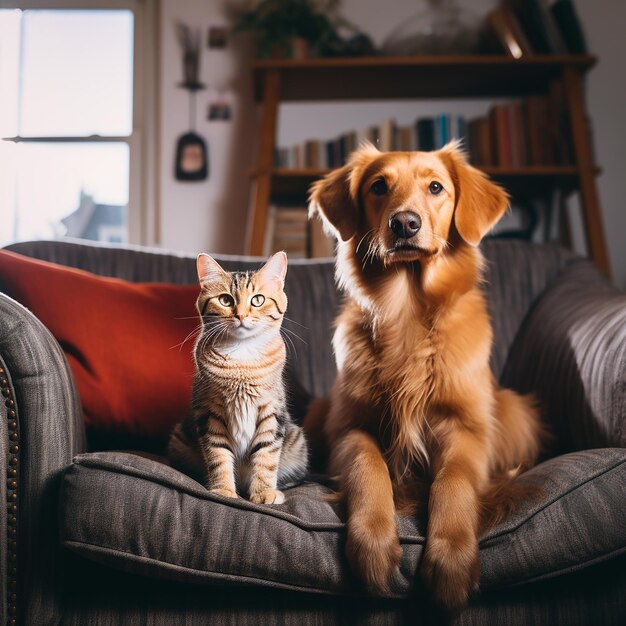 a dog and a cat sit on a couch with a dog