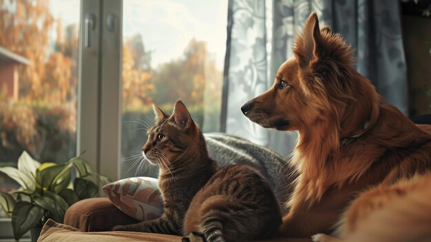 A dog and a cat sitting on a couch looking out a window