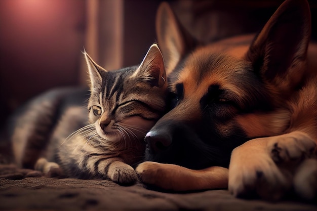 Dog and cat sleep togethergenerative ai