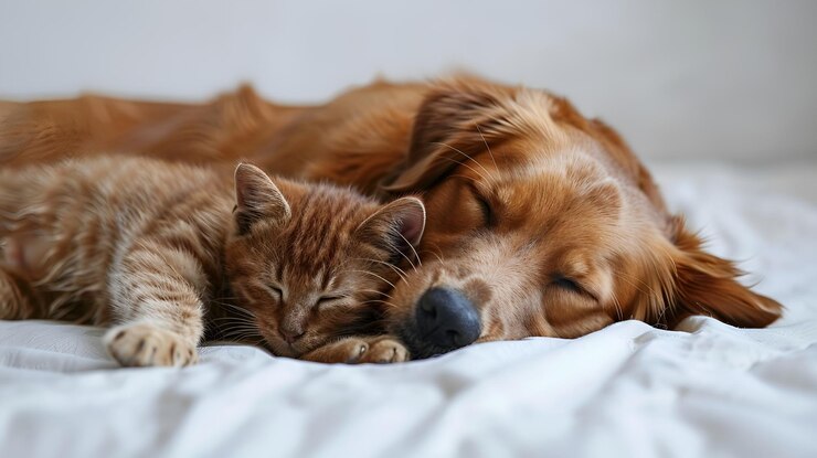 犬と猫がベッドで一緒に寝ている