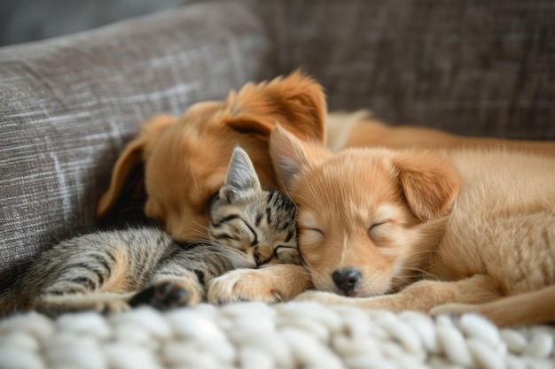 犬と猫がソファで一緒に寝ている