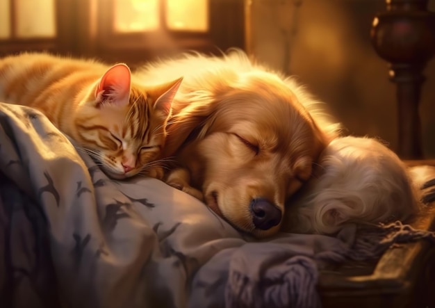 Dog and cat sleeping together Domestic animals Generative AI