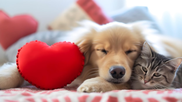 dog and cat sleeping on white mattress with red heat toy dog and cat sleeping on white mattress