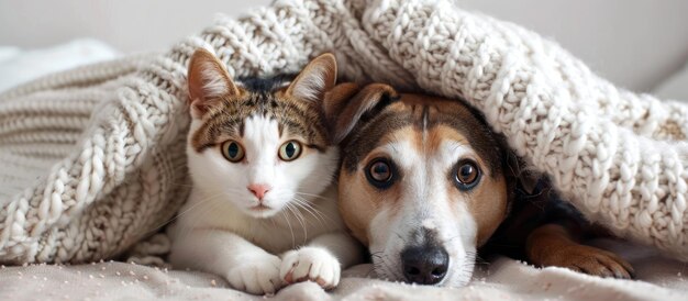 Dog and Cat Snuggled Under Blanket