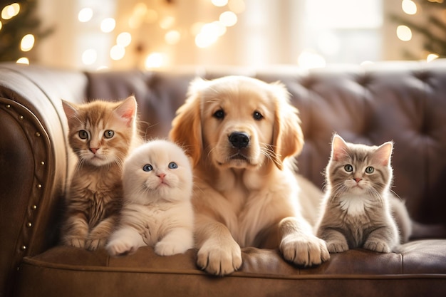 A dog and a cat on the sofa bokeh soft lighting with christmas lights