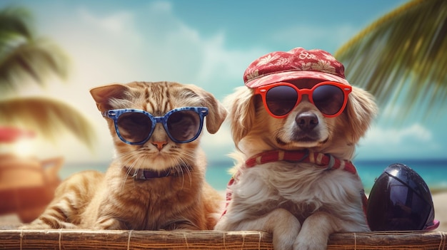 Dog and cat in sunglasses on the beach