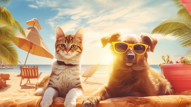 Dog and cat in sunglasses on the beach