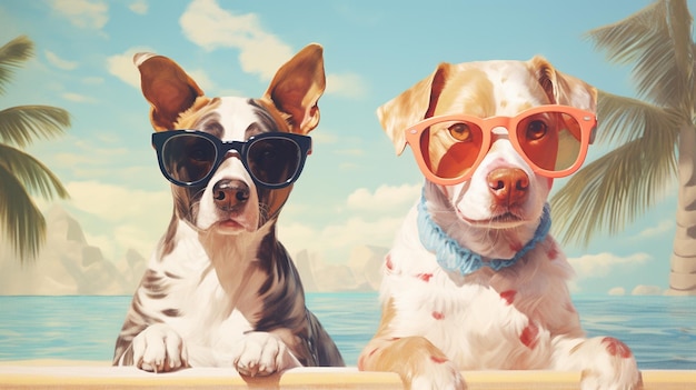 Dog and cat in sunglasses on the beach