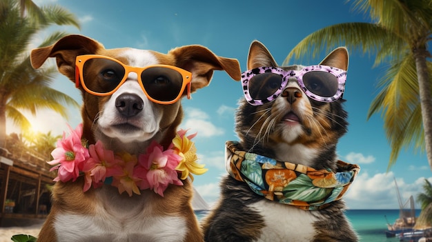 Dog and cat in sunglasses on the beach