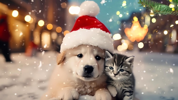 A dog and a cat wearing a santa hat