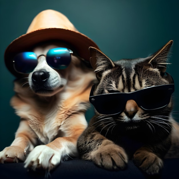 a dog and a cat wearing sunglasses and a hat with a dog wearing a hat.