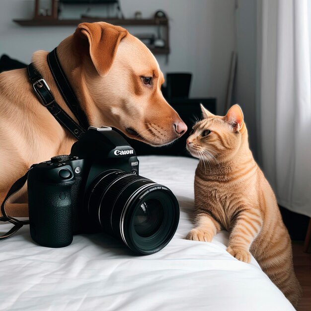 A dog and a cat with a camera