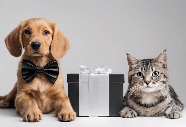 Dog and cat with gift box ribbon bow on background happy animals holidays and sales concept