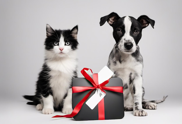 Dog and cat with gift box ribbon bow on background happy animals holidays and sales concept