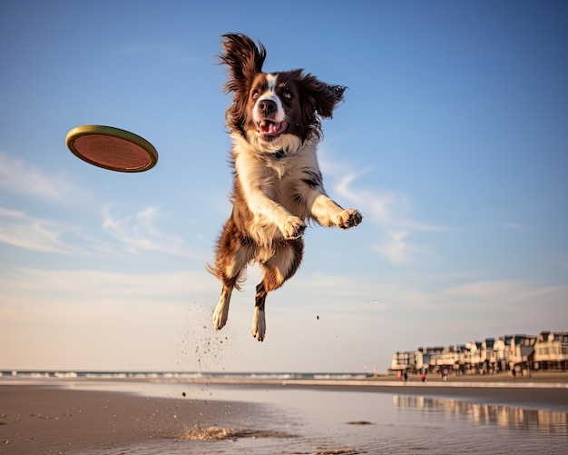 ビーチでフリスビーを空中で捕まえる犬