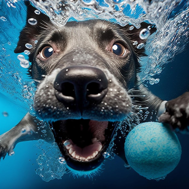 Собака ловит мяч, подводная сцена