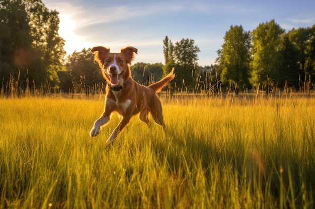 Dog catching frisbee in sunlit grassy field