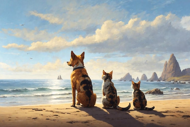 dog and cats look at the sea ai generator