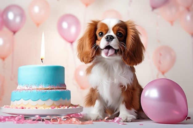 Dog Cavalier King Charles Spaniel celebrate his birthday Pink background