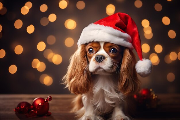 Dog Cavalier King Charles Spaniel en kerstdecoratie op kerst achtergrond