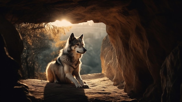 A dog in a cave with the sun shining on it