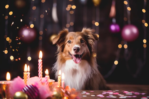 Dog celebrates Birthday with cake and festive hat