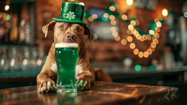 Foto cane che celebra il giorno di san patrizio al pub