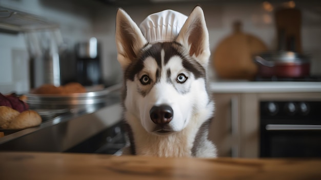 A dog in a chef hat sits in a kitchen.