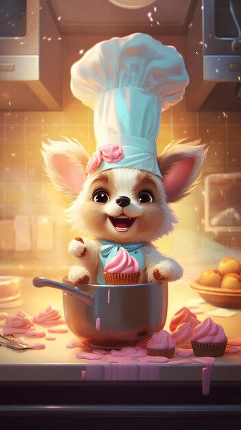 A dog in a chef hat sits in a pot with a cupcake on it