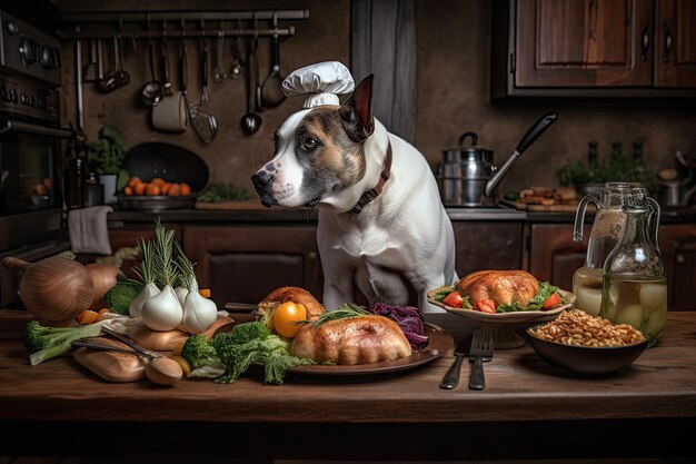 Dog chef preparing meal of roasted chicken and vegetables for fourlegged guest