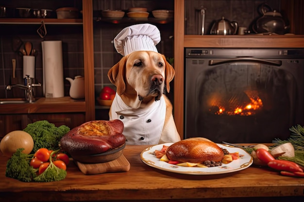 Dog chef preparing meal of roasted chicken and vegetables for owner