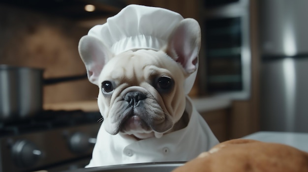 A dog in a chef's hat looks at a cake.