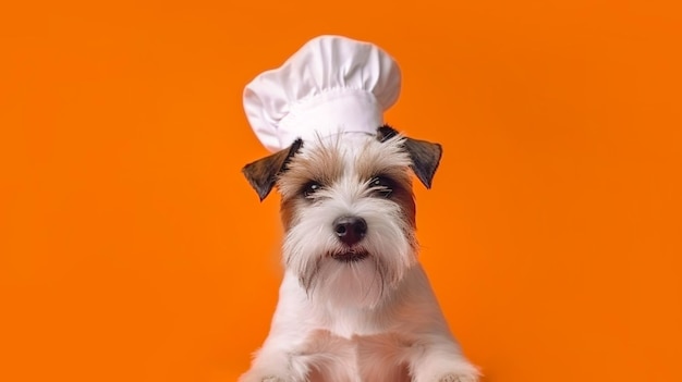 Dog in a chef's hat on a orange background