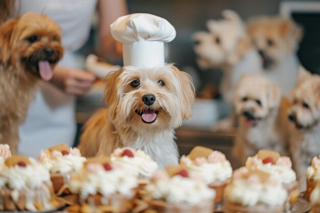 A dog chef with a tiny toque playfully decorates a dogshaped cake surrounded by excited furry friend