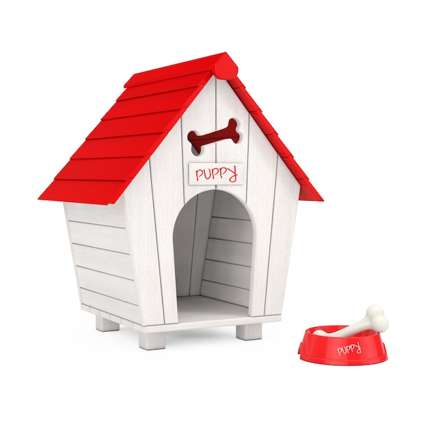 Фото Собака жевать кость в красной пластиковой миске для собаки перед деревянным мультяшным собачьим домиком на белом фоне. 3d рендеринг