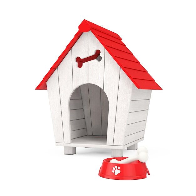 Cane da masticare osso in ciotola di plastica rossa per cane davanti alla casa del cane del fumetto in legno su uno sfondo bianco. rendering 3d