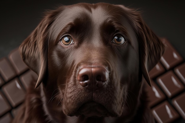 Dog chocolate labrador closeup on the background of a bar of chocolate