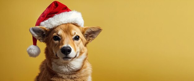 dog in a Christmas hat Merry Christmas greeting card panoramic layout Generative Ai