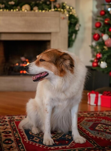 Dog and christmas tree burning fireplace and decoration in home\
living room interior background