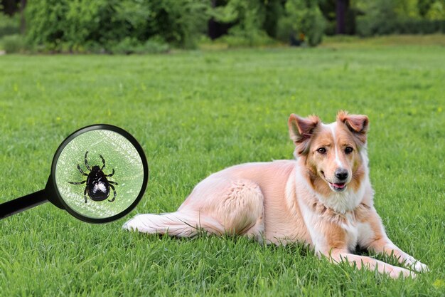 A dog in the city park on the lawn the threat of ticks A magnifier with a magnifying glass shows the threat of ticks