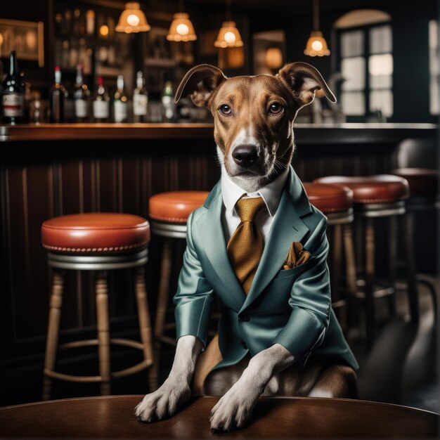 A dog in a classic suit sits at a bar table